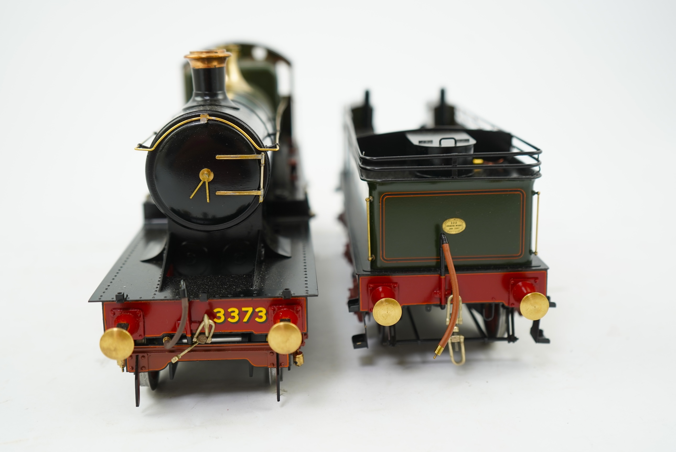 A Gauge One model of GWR Atbara Class, Atbara 3373, 4-4-0 tender locomotive, the model is unpowered, allowing for detailed valve gear and cylinders between the frames.